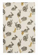 block print rabbit tea towel with animals in black against a cream background