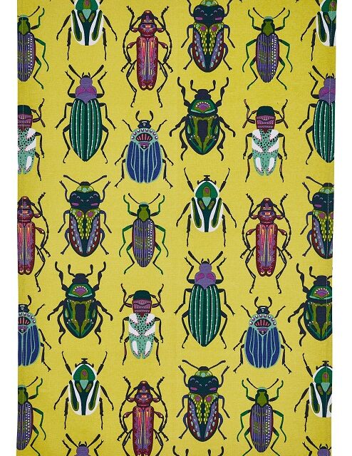 beetles tea towel with yellow background and beetles in rows