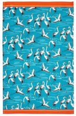 cranes tea towel showing black and white birds against a turquoise background