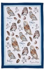 owls tea towel showing barn owls and little owls with blue border