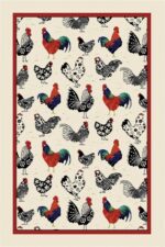 rooster tea towel with black white and red birds and a red border