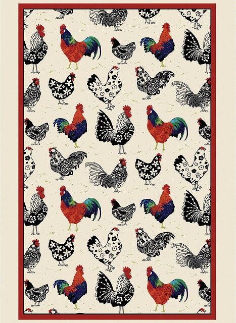 rooster tea towel with black white and red birds and a red border