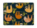 hanging around placemats showing sloths in warm colours against a navy background