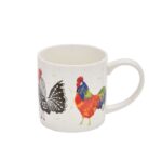 rooster mug showing colourful birds against white background