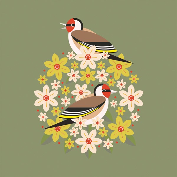 goldfinch and bloom greetings card against an olive green background