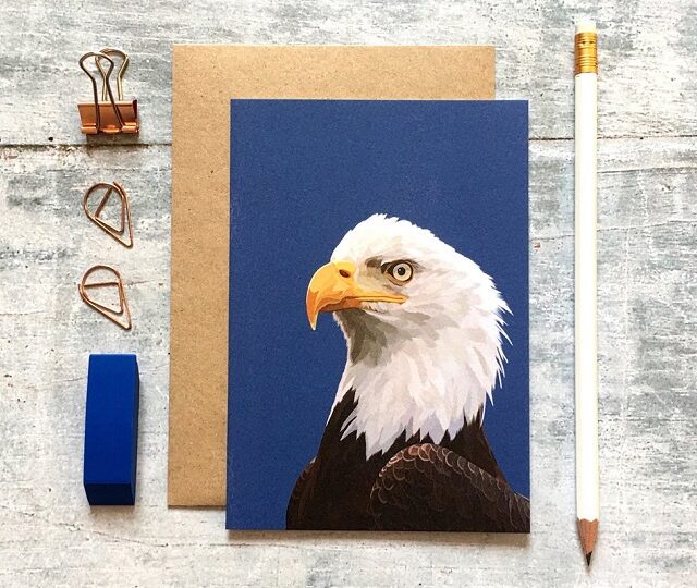 greetings card showing head of an eagle plus a pencil and eraser