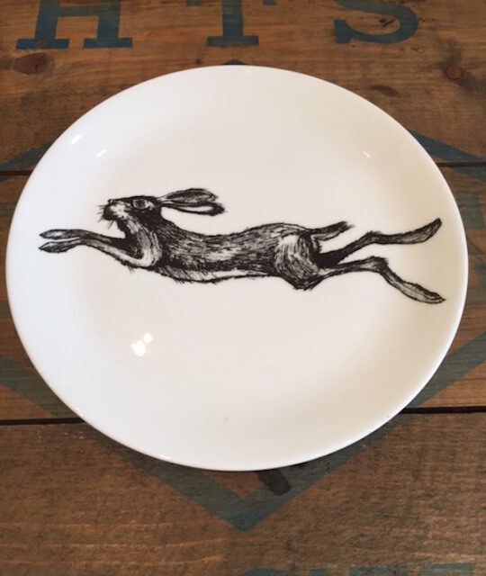 large hare plate with racing hare on white background