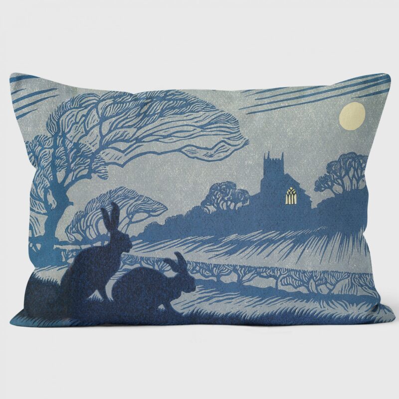 norfolk night cushion with two hares in silhouette against a pale grey and blue background