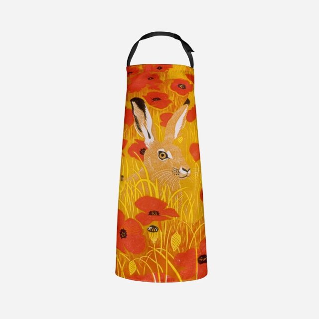 poppy hare apron with brown hare's face in wheat with poppies