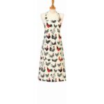 rooster apron with black and white birds with red combs