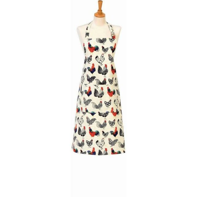 rooster apron with black and white birds with red combs