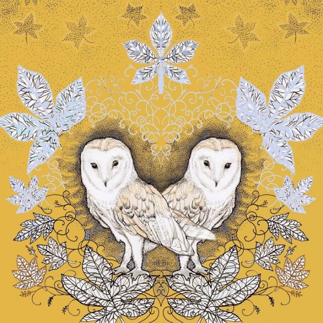 barn owl and leaves greetings card by fay's studio showing two barn owls against mustard coloured background with leaves