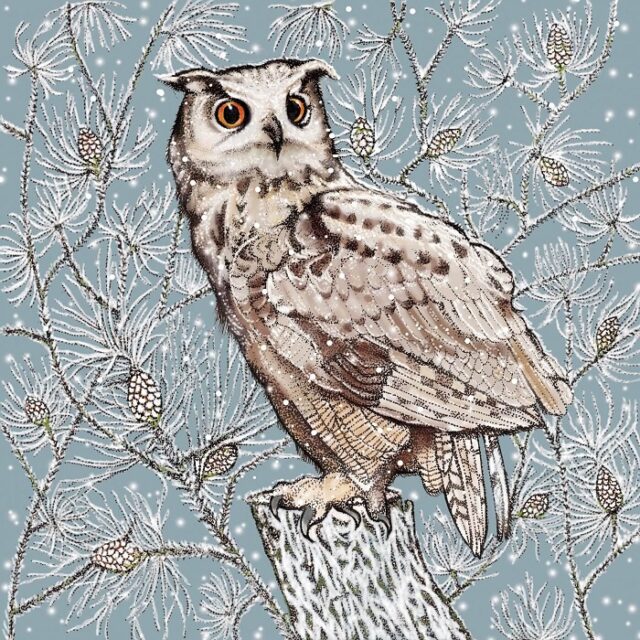 eagle owl greetings card by Fay's studio showing owl on a post against branches and a chilly pale blue sky