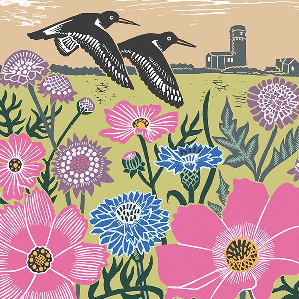 cliff lighthouse greetings card shows two birds against pink and blue flowers