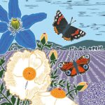 meadow of butterflies greetings card showing two butterflies against a summer sky with flowers and a ploughed field