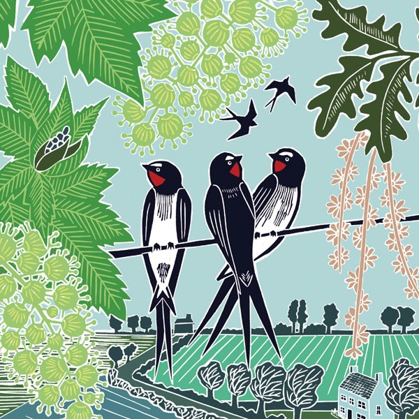 swallows on a line shows the birds against a green background of fields and leaves