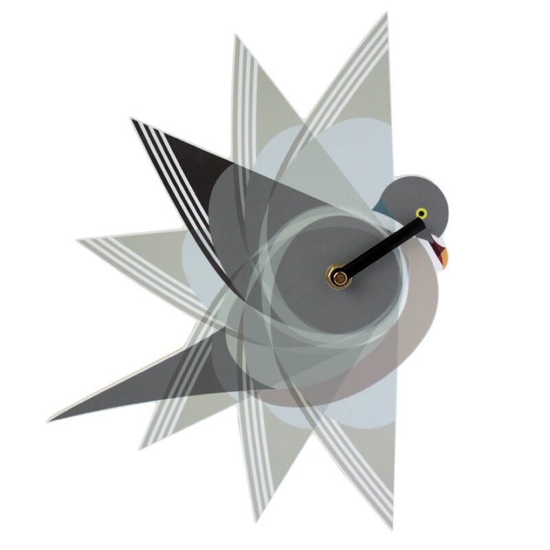 wood pigeon wall clock with grey black and white wings forming the face
