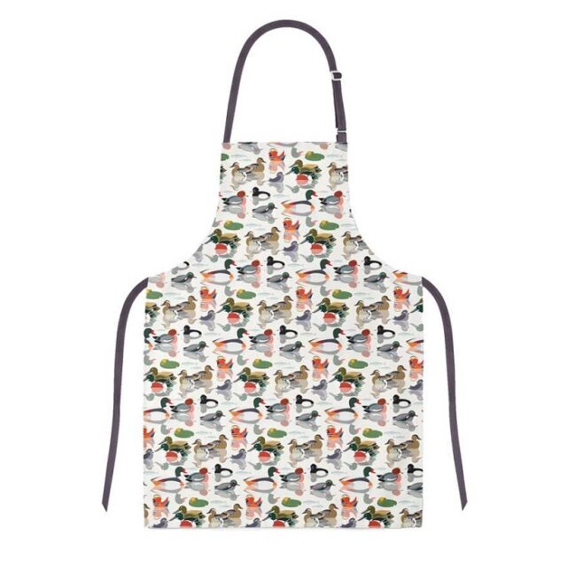 ducks apron shows many ducks in soft colours against a white background