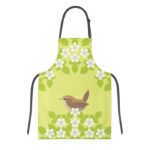 wren apron shows the small brown bird sideways on with blossoms against green background