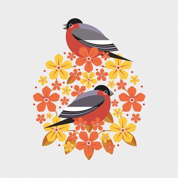 two bull finches sitting amongst red and yellow blossoms