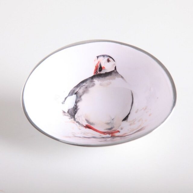 puffin oval bowl shows the puffin drawn in black against a white background