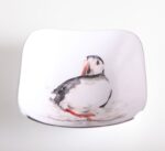 puffin square bowl shows the bird drawn in black against a white background on a bowl