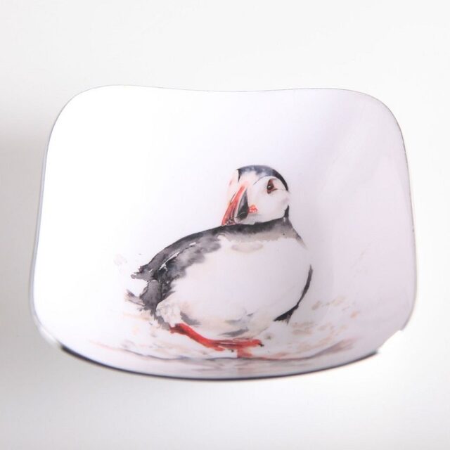 puffin square bowl shows the bird drawn in black against a white background on a bowl