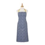 bees apron is grey with stylised bees in repeat pattern and a mustard yellow neck tie