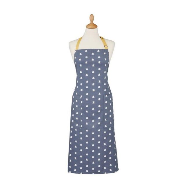 bees apron is grey with stylised bees in repeat pattern and a mustard yellow neck tie