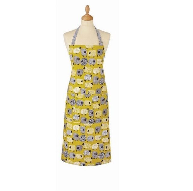 dotty sheep apron shows mustard yellow apron with sheep and grey neck tie