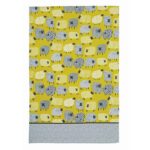 dotty sheep tea towel shows grey and mustard yellow sheep drawn against yellow background with grey bottom border