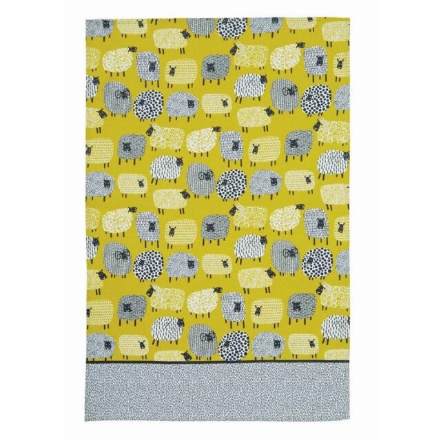 dotty sheep tea towel shows grey and mustard yellow sheep drawn against yellow background with grey bottom border