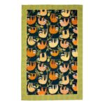 hanging around tea towel shows sloths upside down against a blue background with olive green border