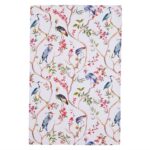 oriental birds tea towel shows blue and black birds against white background with delicate tree stems and pink blooms