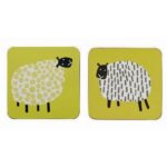 Dotty sheep depicted against mustard yellow background