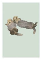 Painting of two sea otters on their backs against a duck egg blue background