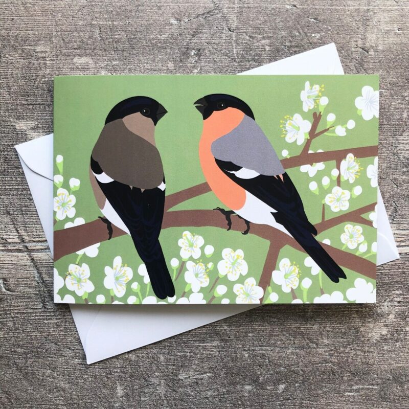 bullfinches on a branch with blossom and a green background