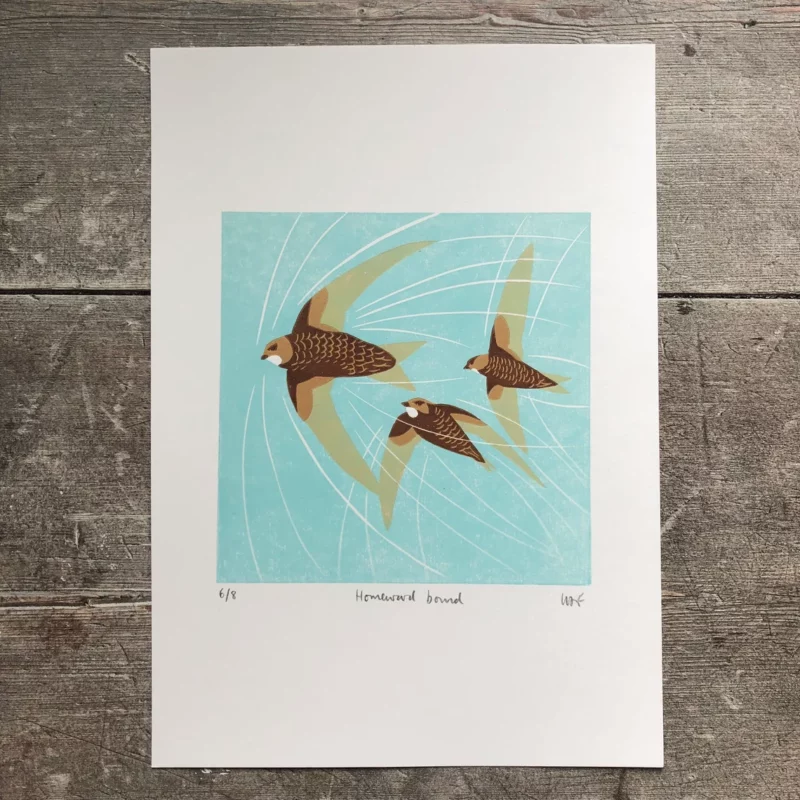 three brown birds flying against a turquoise sky