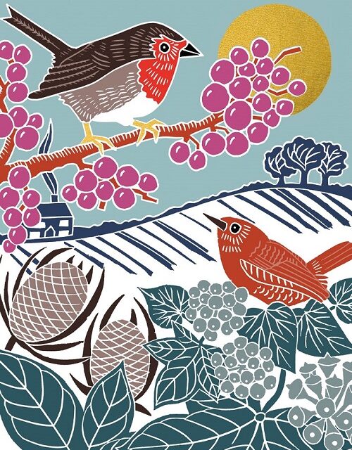 Wren and robin against a snowy landscape with ivy, berries and pine cones