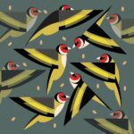 stylised goldfinches in yellow and black against a grey blue background
