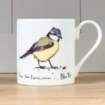 Coloured drawing of a blue tit on a white mug