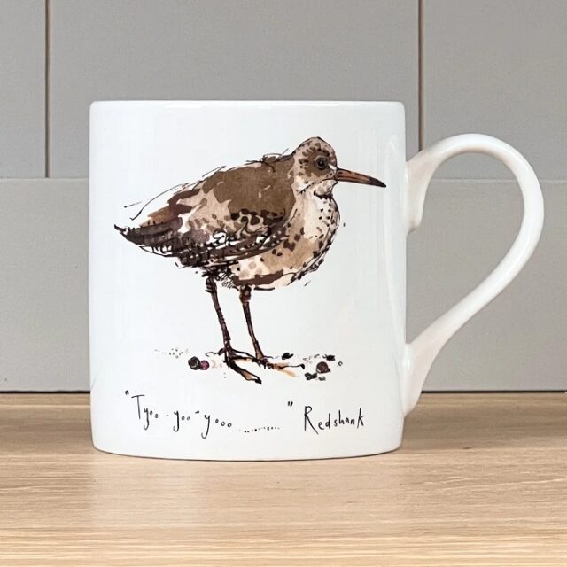 White mug showing redshank bird