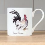 White mug showing a white and black chicken with red head Japanese Bantam Mug by Madeleine Floyd