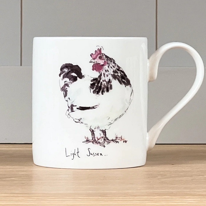 white mug showing black and white chicken Light Sussex Mug by Madeleine Floyd