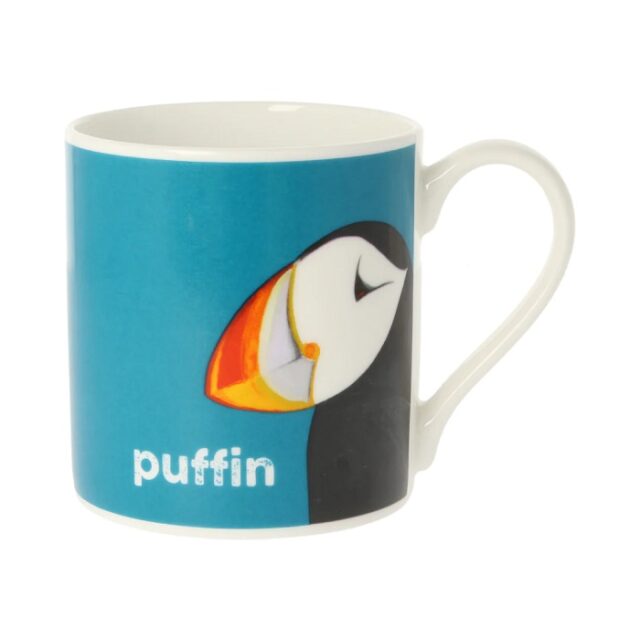 Teal blue mug with the head of a puffin facing right and text saying puffin