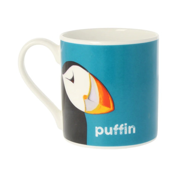 Teal blue mug with the head of a puffin facing left and text saying puffin