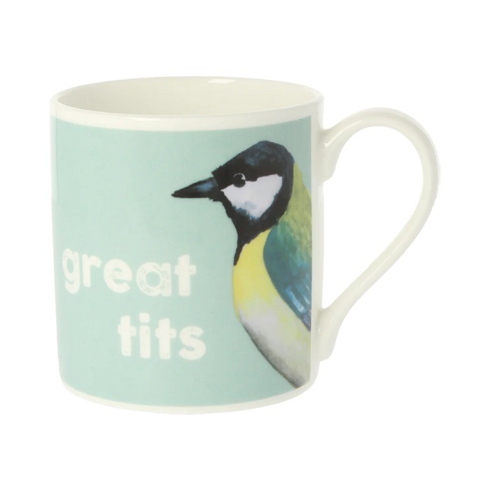 Pale blue mug with bird facing right and text saying great tits