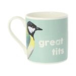 Pale blue mug with bird facing right and text saying great tits