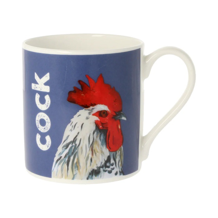 Blue mug with white bird and red comb and the word cock in white font