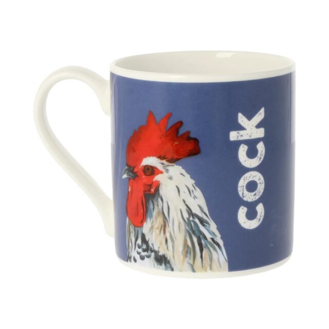 Blue mug with white bird and red comb and the word cock in white font